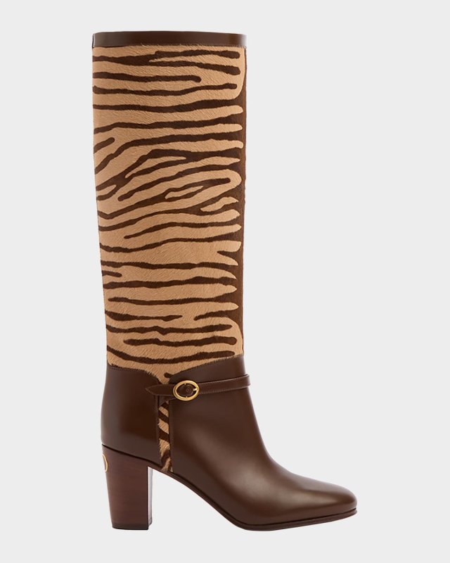 Pattie Tiger-Print Calfskin Leather Knee Boots